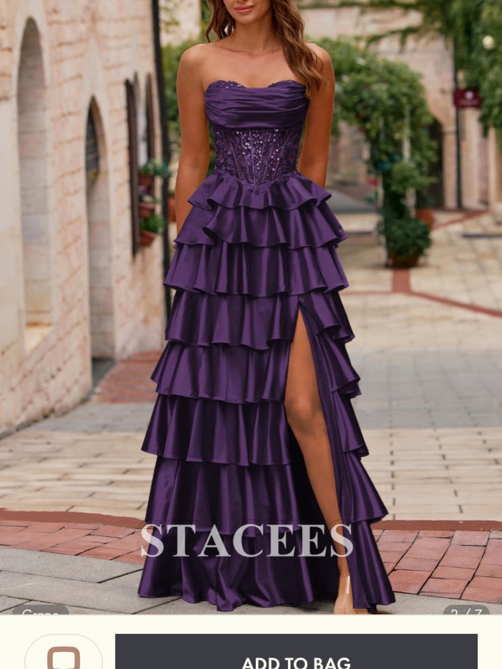 Strapless Purple Tiered Ruffle Prom Dress with High Slit